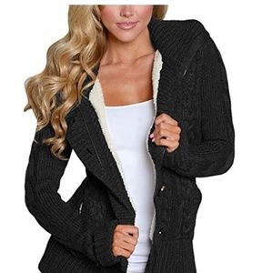 Hooded button up cable knit sweater.